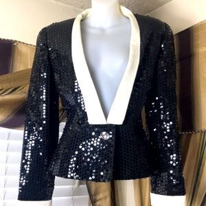 Vintage Fully Sequined Couture Made In USA Women Black And White Blazer Size10